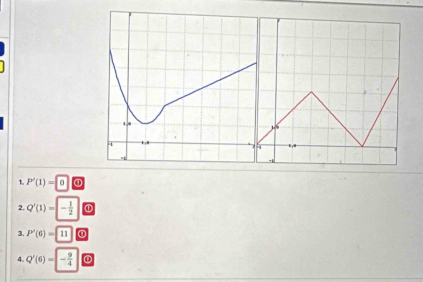 P'(1)=0 ① 
2. Q'(1)=- 1/2 
3. P'(6)=11 ① 
4. Q'(6)=- 9/4  ①