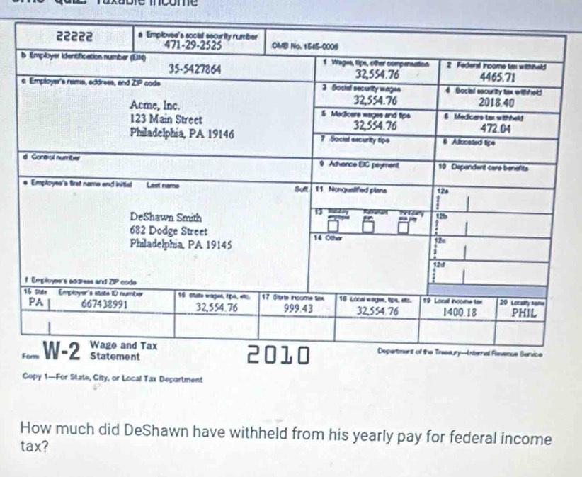 Copy 1—For State, City, or Local Tax Department
How much did DeShawn have withheld from his yearly pay for federal income
tax?