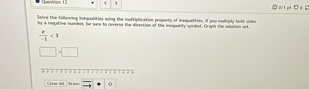 < > [0/1 pt つ 6 
Solve the following inequalities using the multiplication property of inequalities. If you multiply both sides 
by a negative number, be sure to reverse the direction of the inequality symbol. Graph the solution set.
 x/-1 <3</tex>
□ >□
Clear All Draw: