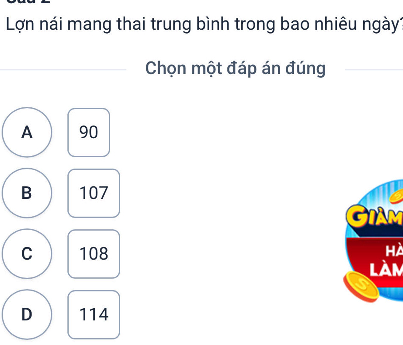 Lợn nái mang thai trung bình trong bao nhiêu ngày1
Chọn một đáp án đúng
A 90
B 107
C 108
hà
làm
D 114