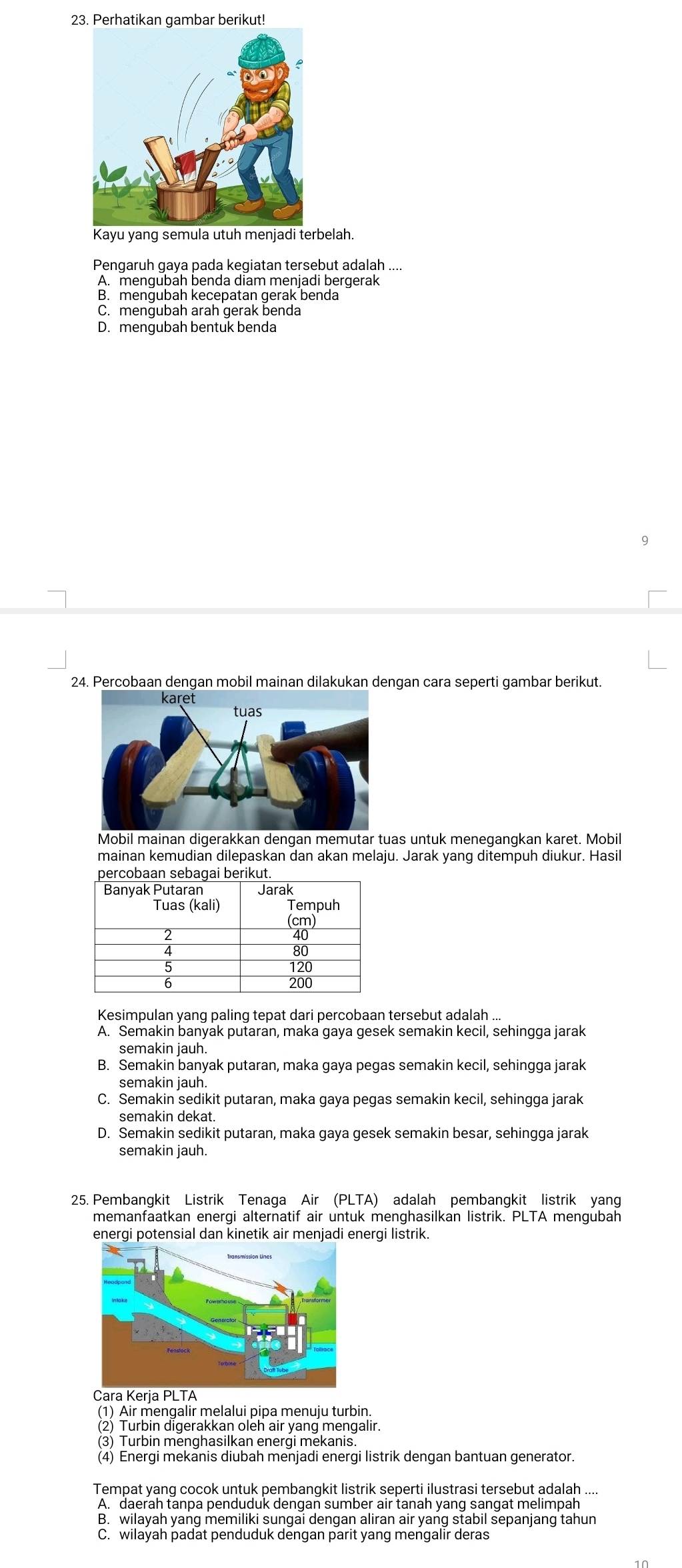 Perhatikan gambar berikut!
Kayu yang semula utuh menjadi terbelah.
Pengaruh gava pada kegiatan tersebut adalah ...
A. mengubah benda diam menjadi bergerak
B. mengubah kecepatan gerak benda
C. mengubah arah gerak benda
D. mengubah bentuk benda
9
24. Percobaan dengan mobil mainan dilakukan dengan cara seperti gambar berikut.
Mobil mainan digerakkan dengan memutar tuas untuk menegangkan karet. Mobil
mainan kemudian dilepaskan dan akan melaju. Jarak yang ditempuh diukur. Hasil
Kesimpulan yang paling tepat dari percobaan tersebut adalah ...
A. Semakin banyak putaran, maka gaya gesek semakin kecil, sehingga jarak
semakin jauh.
B. Semakin banyak putaran, maka gaya pegas semakin kecil, sehingga jarak
semakin jauh.
C. Semakin sedikit putaran, maka gaya pegas semakin kecil, sehingga jarak
semakin dekat
D. Semakin sedikit putaran, maka gaya gesek semakin besar, sehingga jarak
semakin jauh.
25. Pembangkit Listrik Tenaga Air (PLTA) adalah pembangkit listrik yang
memanfaatkan energi alternatif air untuk menghasilkan listrik. PLTA mengubah
energi potensial dan kinetik air menjadi energi listrik.
Cara Kerja PLTA
(1) Air mengalir melalui pipa menuju turbin
(2) Turbin digerakkan oleh air yang mengalir.
(3) Turbin menghasilkan energi mekanis.
(4) Energi mekanis diubah menjadi energi listrik dengan bantuan generator
Tempat yang cocok untuk pembangkit listrik seperti ilustrasi tersebut adalah ....
A. daerah tanpa penduduk dengan sumber air tanah yang sangat melimpah
B. wilayah yang memiliki sungai dengan aliran air yang stabil sepanjang tahun
C. wilayah padat penduduk dengan parit yang mengalir deras