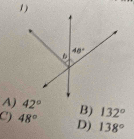 A) 42°
C) 48°
B) 132°
D) 138°