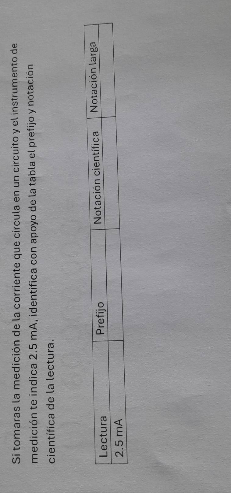 Si tomaras la medición de la corriente que circula en un circuito y el instrumento de 
medición te indica 2.5 mA, identifica con apoyo de la tabla el prefijo y notación 
científica de la lectura.