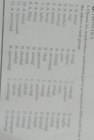 PHOSETICS
L. Choose the words whose underfined part is pronounced differently from t
the others in each group.
1. A. endgd B. lovgd C. cleangd D. borgd
2. A. way B. station C. pgvement D. trgfEc
3. A. seatbgit B. gnter C. obgy D. prpient
4. A. cookgd B. clickgd C. talked D. nakgy
5. A needed B. developgl C. wantgd D. included
6. A. loved B. l5kgd C. wishgd D. gripped
7. A. safely B. pavement C. gnimation D. feegle
8. A. bored B. amazed C. excited D. enjoynd
9. A. filled B. opengd C. playnd D. wanted
10. A. endgd B. shocked C. laughes D. mingg
11. A. rgcommend B. seatbgit C. vghicle D. invgstigate
12. A. performgd B. approached C. advertised D. murdergd