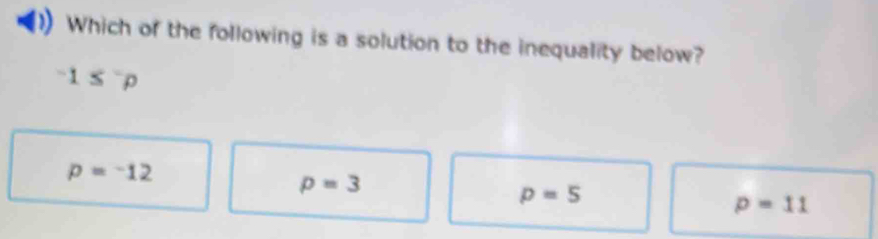 Which of the following is a solution to the inequality below?
-1≤^-p
p=-12
p=3
p=5
p=11