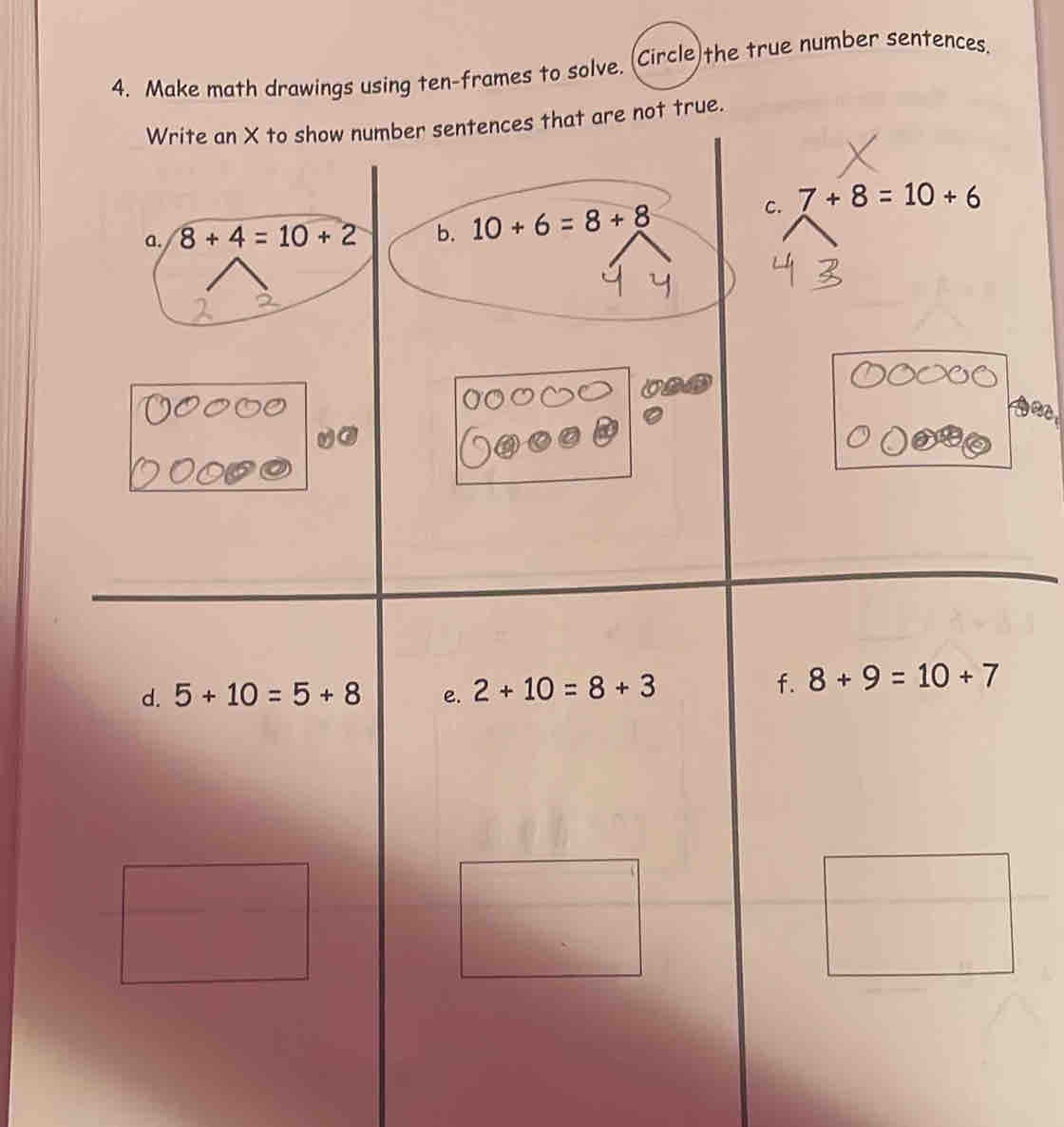 Make math drawings using ten-frames to solve. (Circle)the true number sentences.