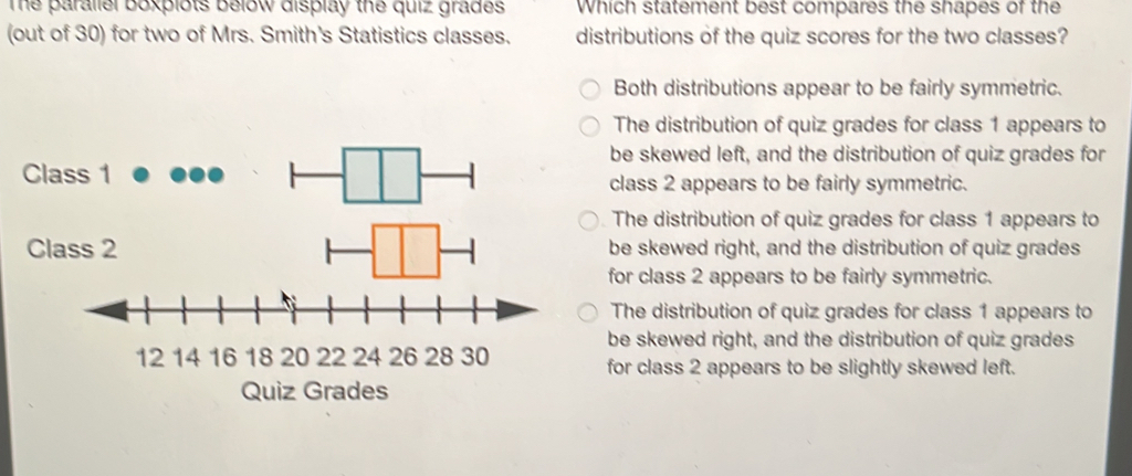 The parallel boxplots below display the quiz grades Which statement ...