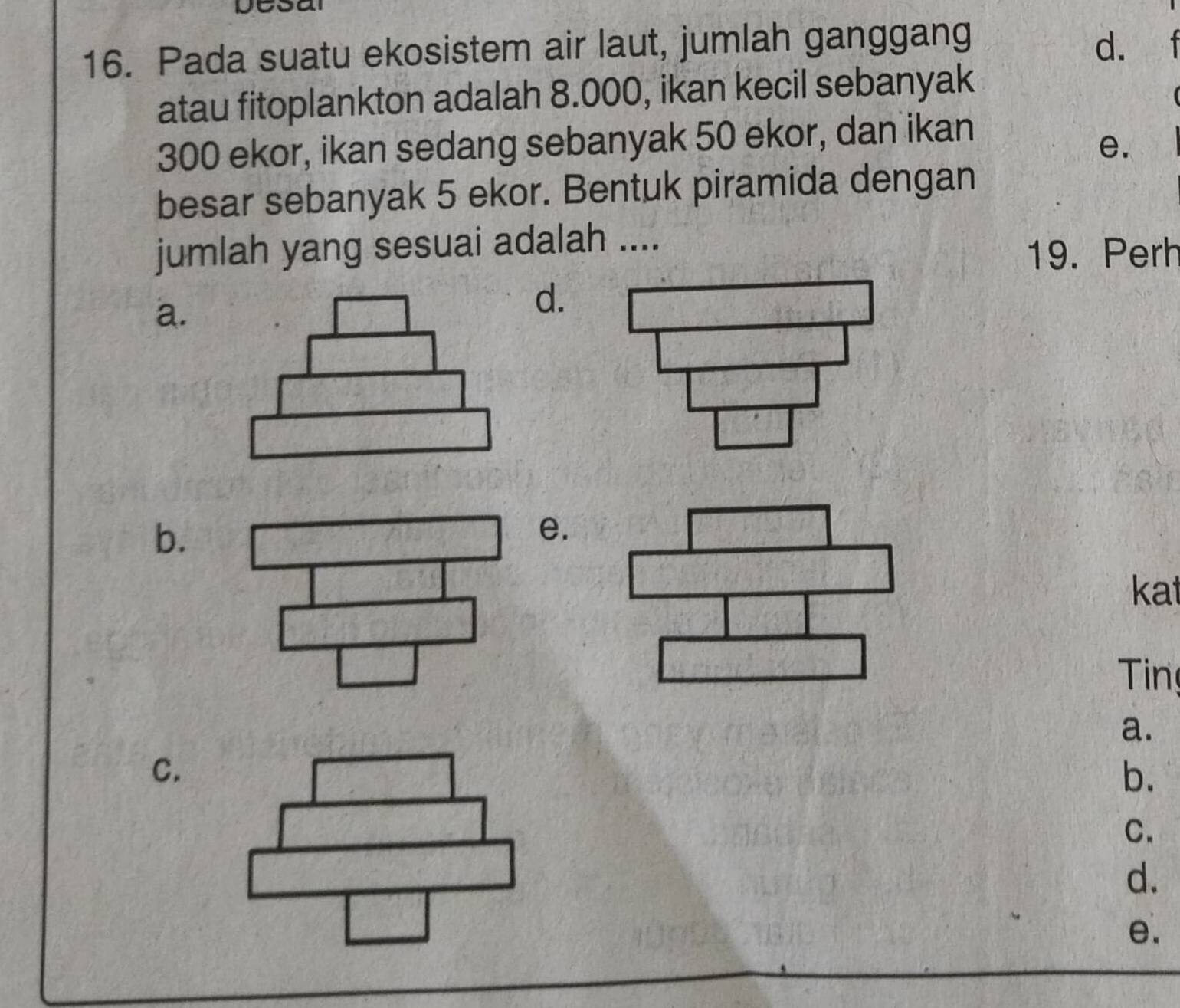 Coal
16. Pada suatu ekosistem air laut, jumlah ganggang d.
atau fitoplankton adalah 8.000, ikan kecil sebanyak
300 ekor, ikan sedang sebanyak 50 ekor, dan ikan
e.
besar sebanyak 5 ekor. Bentuk piramida dengan
jumlah yang sesuai adalah ....
19. Perh
a.
d.
b.
e.
kat
Tin
a.
C.
b.
C.
d.
e.