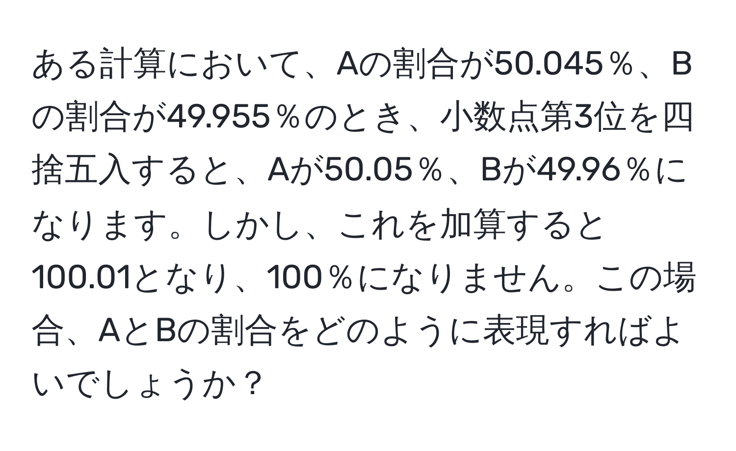 ある計算において、Aの割合が50.045％、Bの割合が49.955％のとき、小数点第3位を四捨五入すると、Aが50.05％、Bが49.96％になります。しかし、これを加算すると100.01となり、100％になりません。この場合、AとBの割合をどのように表現すればよいでしょうか？