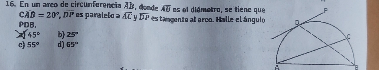 En un arco de circunferencia widehat AB , donde overline AB es el diámetro, se tiene que
Cwidehat AB=20°, overline DP es paralelo a overline AC y overline DP es tangente al arco. Halle el ángulo
PDB.
A 45° b) 25°
c) 55° d) 65°
A
B