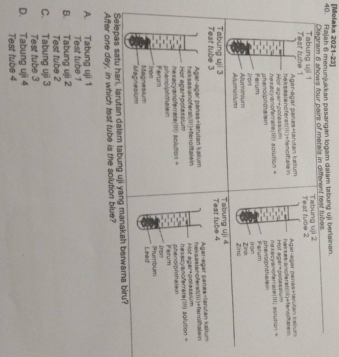 [Melaka 2021-23]
40. Rajah 6 menunjukkan pasangan logam dalam tabung uji berlainan.
Diagram 6 shows four pairs of metals in different test tubes.
Tabung uji 1 Tabung uji 2
Test tube 1 Test tube 2
Agar-agar panas+larutan kalium
heksasianoferat(III)+fenolftale in Agarçagar panas+larutan kalium
Hot agar+potassium heksasianoferat(I)+fenolftalein
hexacyanoferrate(III) solution + Hot agar+potassium
phenolphthalein hexacyanoferrate(III) solution +
phenolphthalein
Ferum Ferum
Iron Iron
Aluminium Zink
Zinc
Aluminium
Tabung uji 3 Tabung uji 4
Test tube 3 Test tube 4
Agar-agar panas+larutan kalium Ágar-agar panas+larutan kalium
heksasianoferat(III)+fenolftalein heksasianoferat(Iii)+fenolftalein
Hot agar+potassium Hot agar+potassium
hexacyanoferrate(III) solution + hexacyanoferrate(III) solution +
phenolphthalein
phenolphthalein Ferum
Ferum
Iron
Iron Plumbum
Magnesium
Lead
Magnesium
Selepas satu hari, larutan dalam tabung uji yang manakah berwarna biru?
After one day, in which test tube is the solution blue?
A. Tabung uji 1
Test tube 1
B. Tabung uji 2
Test tube 2
C. Tabung uji 3
Test tube 3
D. Tabung uji 4
Test tube 4