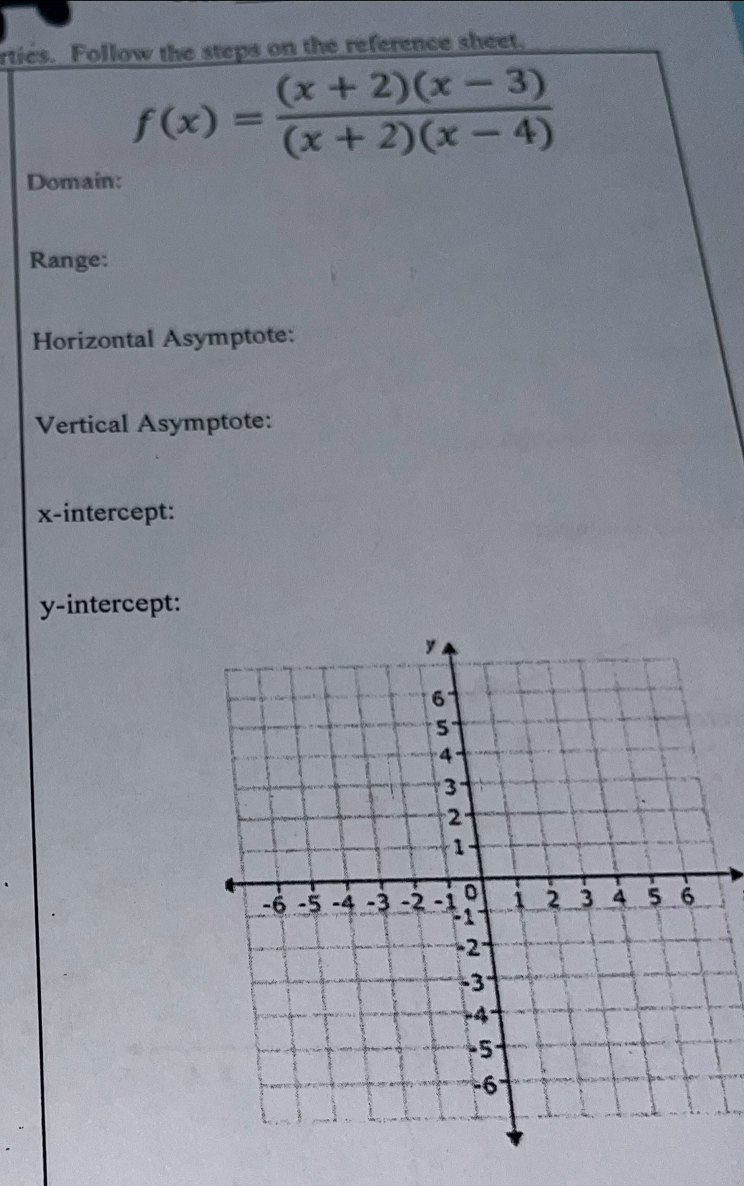 rties. Follow the steps on the reference sheet.
f(x)= ((x+2)(x-3))/(x+2)(x-4) 
Domain: 
Range: 
Horizontal Asymptote: 
Vertical Asymptote: 
x-intercept: 
y-intercept: