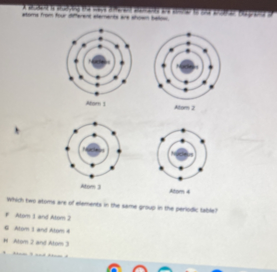 A student is studying the ways different elements are simler to one anoter. bis grams of
atoms from four different elements are shown below.
Atom 1 Atom 2

Atom 3 Atom 4
Which two atoms are of elements in the same group in the periodic table?
F Atom 1 and Atom 2
G Atom 1 and Atom 4
H Atom 2 and Atom 3
Mam 9 and Aam