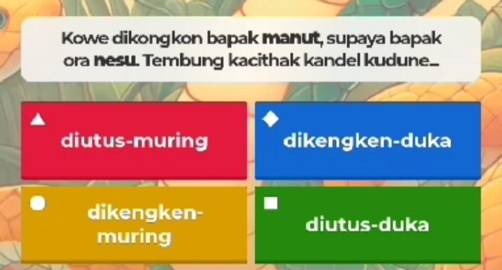 Kowe dikongkon bapak manut, supaya bapak
ora nesu. Tembung kacithak kandel kudune.
diutus-muring dikengken-duka
dikengken-
diutus-duka
muring