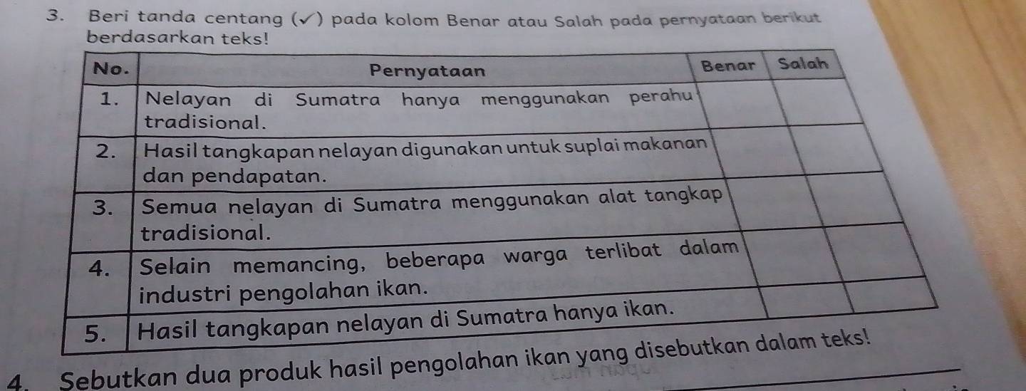 Beri tanda centang (√) pada kolom Benar atau Salah pada pernyataan berikut 
be 
4. Sebutkan dua produk hasil pengola