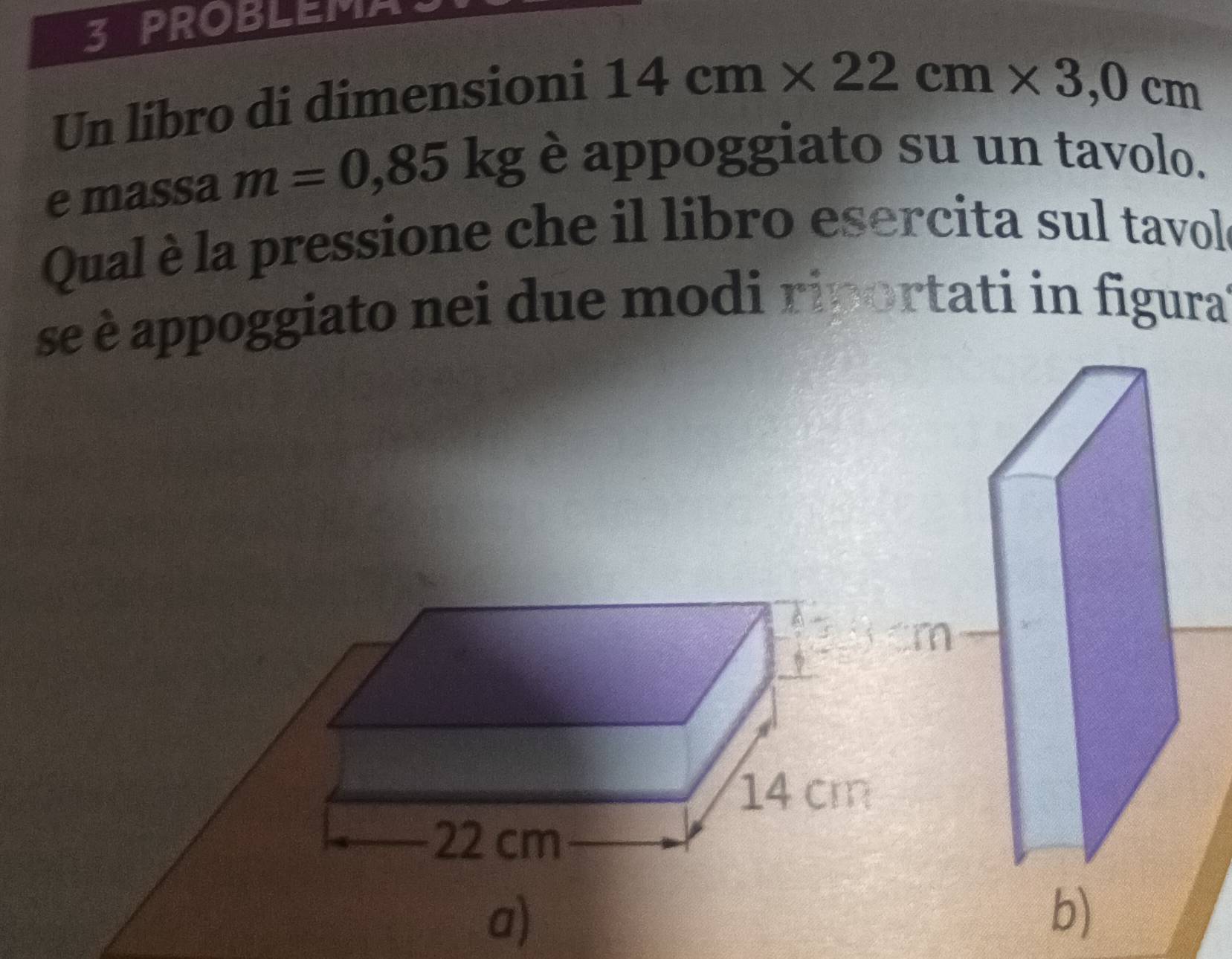 PROBLEMA
Un libro di dimensioni
14cm* 22cm* 3,0cm
e massa m=0,85kg è appoggiato su un tavolo.
Qual è la pressione che il libro esercita sul tavole
se è appoggiato nei due modi riportati in figural
a)