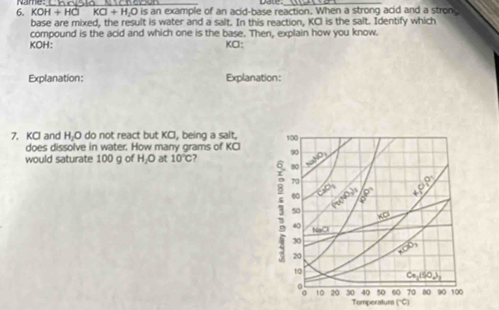 Name _Date_
6. I H+ HCl KCl+H_2O is an example of an acid-base reaction. When a strong acid and a strong
base are mixed, the result is water and a salt. In this reaction, KCI is the salt. Identify which
compound is the acid and which one is the base. Then, explain how you know.
KOH: KCl:
Explanation: Explanation:
7. KCl and H_2O do not react but KCI, being a salt,
does dissolve in water. How many grams of KCI
would saturate 100 g of H_2O at 10°C ?
Tomperature (^circ C)