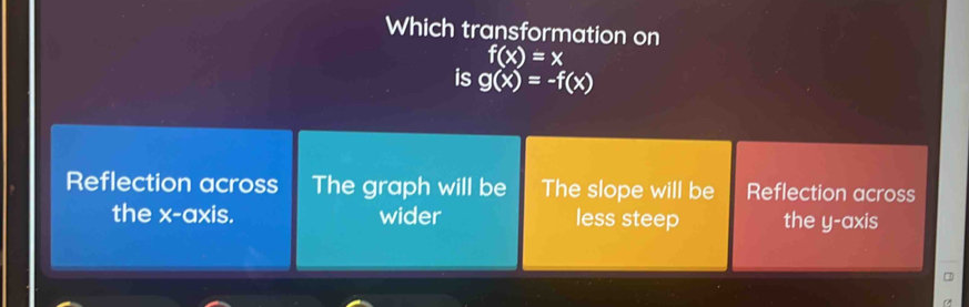 Which transformation on
f(x)=x
is g(x)=-f(x)
Reflection across The graph will be The slope will be Reflection across
the x-axis. wider less steep the y-axis