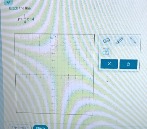 Graph the line.
y= 1/4 x-4
× 
Explanation Check