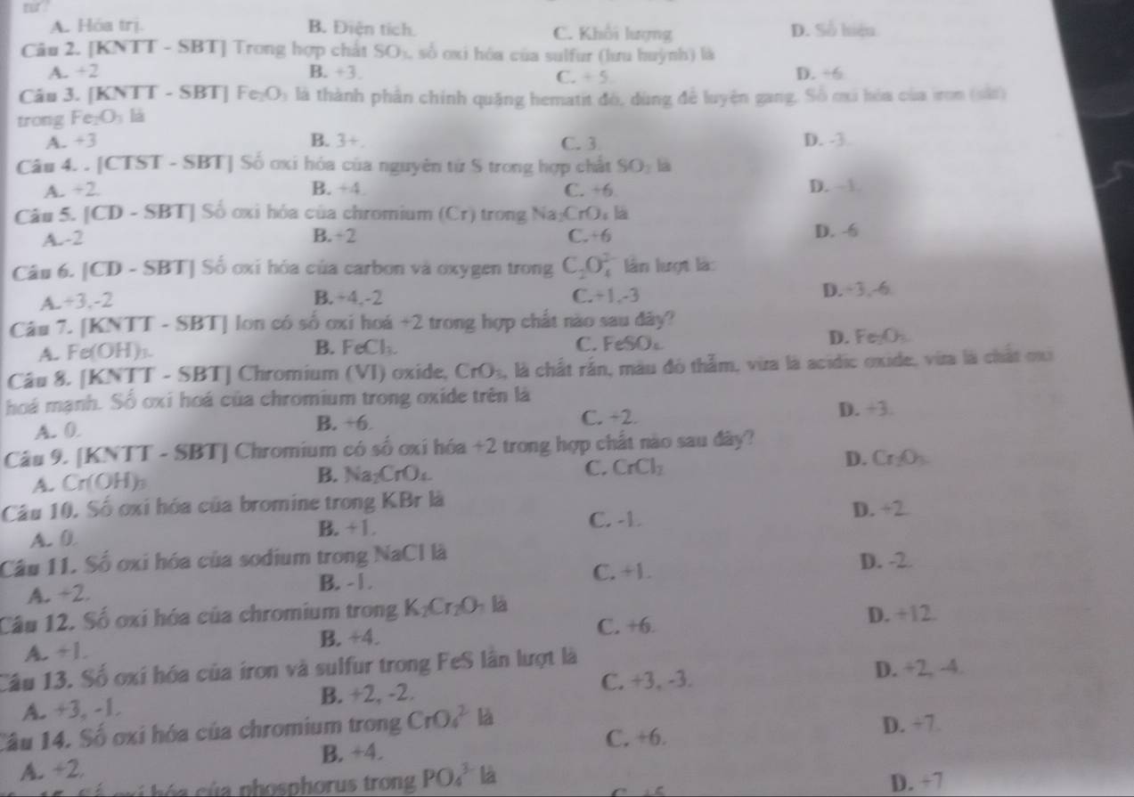 A. Hóa trị. B. Điện tích. C. Khối lượng D. Số hiệu
Câu 2. [KNTT - SBT] Trong hợp chất SO_1 , số oxi hóa của sulfur (lưu huỳnh) là
A. +2 B. +3. D. ÷6
C. +5
Câu 3. [KNTT - SBT] Fe _2O_1 là thành phần chính quặng hematit đó, dùng để luyện gang, Số mú hóa của iron (sải)
trong Fe O_3 là
A. +3 B. 3+ C. 3 D. -3
Câu 4. . [CTST - SBT] Số ơxi hóa của nguyên từ S trong hợp chất SO_1 l
A. +2. B. +4 C. +6 D. →
Câu 5. [CD - SBT] Số oxi hóa của chromium (Cr) trong Na₂CrO: là
A.-2 B.+2 C. +6 D. -6
Câu 6. [CD - SBT| Số oxi hóa của carbon và oxygen trong C_2O_4^(2 lần lượt là:
A.÷3.-2 B.÷4.-2 C.+1.-3 D. 3,-6
Câu 7. [KNTT - SBT] lon có số ơxi hoá +2 trong hợp chất nào sau đây?
A. Fe(OH)₃. B. FeCl C. FeSO D. FeyO
Câu 8. [KNTT - SBT] Chromium (VI) oxide, CrO_3) , là chất rắn, màu đó thẳm, vừa là acidic oxide, via là chất mi
hoá mạnh. Số oxi hoá của chromium trong oxide trên là
C. ÷2.
A. 0. B. +6 D. +3.
Câu 9. [KNTT - SBT] Chromium có số oxi hóa +2 trong hợp chất nào sau đây?
A. Cr(OH) B. N _2C_5O é C. CrCl_2
D.
Câu 10, Số oxi hóa của bromine trong KBr là
C. -1. D. ÷
A. 0 B. +1.
Cầu 11. Số oxi hóa của sodium trong NaCl là
C. +1. D. -2
A. ÷2. B. - 1 .
Câu 12. Số oxi hóa của chromium trong K_2Cr_2O là
D. +12.
B. +4. C. +6.
A. +1.
Câu 13. Số oxi hóa của iron và sulfur trong FeS lân lượt là
C. +3, -3. D. +2, -4.
A. +3, -1. B. +2, -2.
Câu 14. Số oxi hóa của chromium trong CrO_4^2 là D. +7.
C. +6.
A. +2. B. +4.
exi hóa của phosphorus trong PO_4^(3-) là D. ÷7