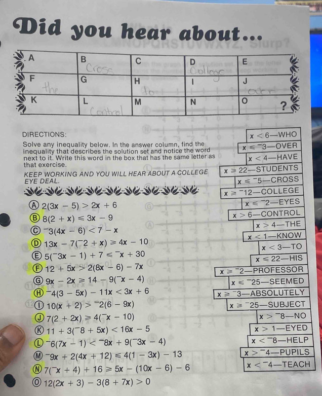 Did you hear about...
DIRECTIONS: x<6-WHO</tex>
Solve any inequality below. In the answer column, find the x≤slant^-3-OVER
inequality that describes the solution set and notice the word
next to it. Write this word in the box that has the same letter as x<4-HAVE</tex>
that exercise.
KEEP WORKING AND YOU WILL HEAR ABOUT A COLLEGE x≥slant 22-STUDENTS
EYE DEAL. x≤slant^-5-CROSS
x≥slant^-12-COLLEGE
A 2(3x-5)>2x+6
x≤slant^-2-EYES
B 8(2+x)≤slant 3x-9
x>6-CONTROL
x>4-THE
C^-3(4x-6)<7-x</tex>
x<1-KNOW</tex>
D 13x-7(^-2+x)≥slant 4x-10
x<3-TO</tex>
E 5(^-3x-1)+7≤slant^-x+30
x≤slant 22-HIS
F 12+5x>2(8x-6)-7x
x≥slant^-2-PROFESSOR
G 9x-2x≥slant 14-9(^-x-4)
x≤slant^-25-SEEMED
Ⓗ ^-4(3-5x)-11x<3x+6
x≥slant^-3-ABSOLUTELY
D 10(x+2)>^-2(6-9x)
x≥slant^-25-SUBJECT
Ⓙ 7(2+2x)≥slant 4(^-x-10)
x>^-8-NO
Ⓚ 11+3(^-8+5x)<16x-5</tex>
x>1-EYED^-6(7x-1)
x
M^-9x+2(4x+12)≤slant 4(1-3x)-13
x>^-4-PUPILS
N 7(^-x+4)+16≥slant 5x-(10x-6)-6
x
12(2x+3)-3(8+7x)>0