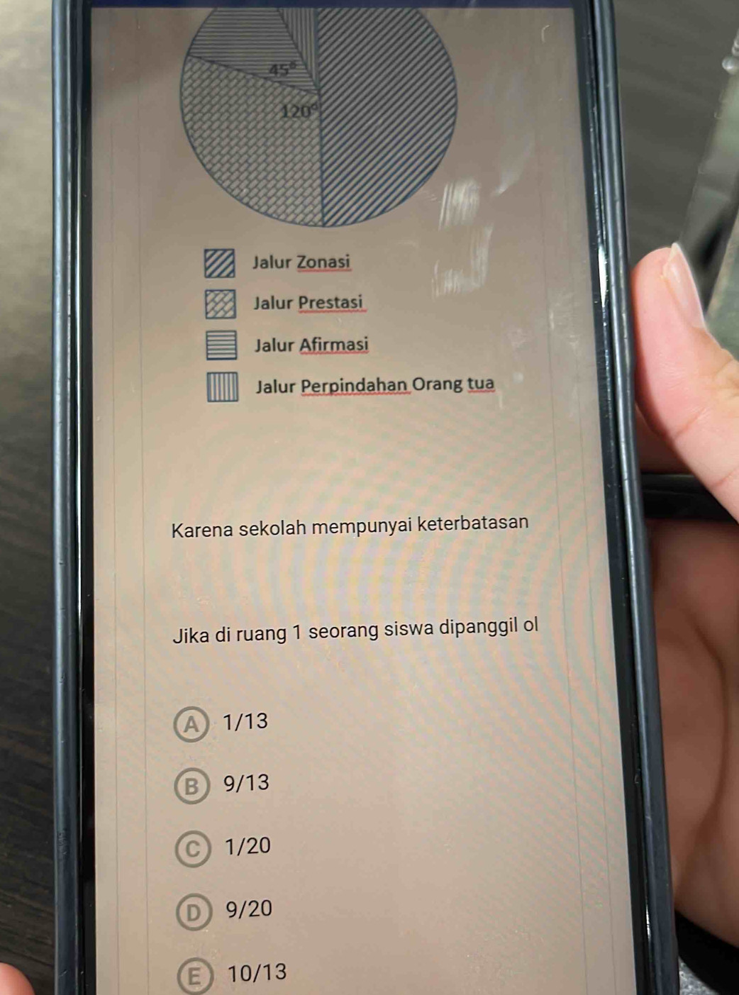 Jalur Zonasi
Jalur Prestasi
Jalur Afirmasi
Jalur Perpindahan Orang tua
Karena sekolah mempunyai keterbatasan
Jika di ruang 1 seorang siswa dipanggil ol
A 1/13
B 9/13
C 1/20
D 9/20
E 10/13