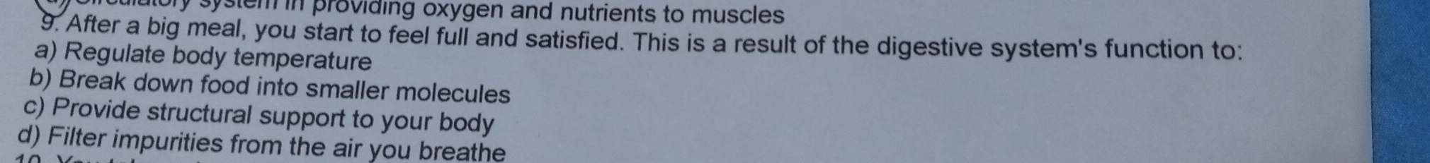 ory system in providing oxygen and nutrients to muscles 
9. After a big meal, you start to feel full and satisfied. This is a result of the digestive system's function to:
a) Regulate body temperature
b) Break down food into smaller molecules
c) Provide structural support to your body
d) Filter impurities from the air you breathe