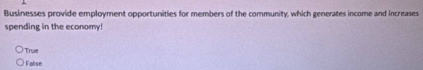 Businesses provide employment opportunities for members of the community, which generates income and increases
spending in the economy!
True
False