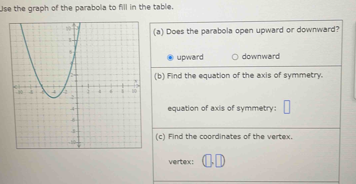 Use the graph of the parabola to fill in the table.
(a) Does the parabola open upward or downward?
upward downward
(b) Find the equation of the axis of symmetry.
equation of axis of symmetry:
(c) Find the coordinates of the vertex.
vertex: frac 5