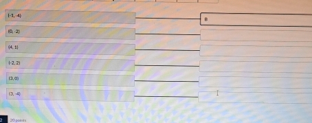 (-1,-4)
B
(0,-2)
(4,1)
(-2,2)
(3,0)
(3,-4)
20 points