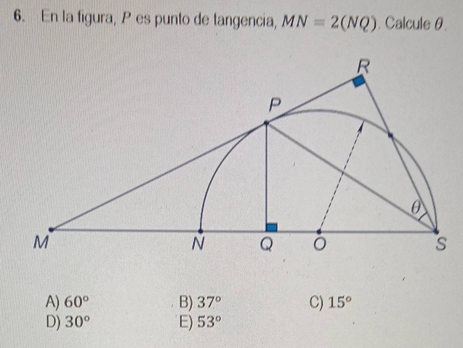 En la figura, P es punto de tangencia, MN=2(NQ).Calcule θ.
A) 60° B) 37° C) 15°
D) 30° E) 53°