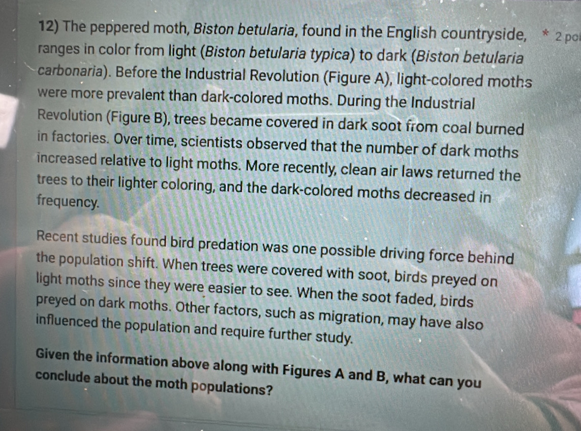 The peppered moth, Biston betularia, found in the English countryside, * 2 pol 
ranges in color from light (Biston betularia typica) to dark (Biston betularia 
carbonaria). Before the Industrial Revolution (Figure A), light-colored moths 
were more prevalent than dark-colored moths. During the Industrial 
Revolution (Figure B), trees became covered in dark soot from coal burned 
in factories. Over time, scientists observed that the number of dark moths 
increased relative to light moths. More recently, clean air laws returned the 
trees to their lighter coloring, and the dark-colored moths decreased in 
frequency. 
Recent studies found bird predation was one possible driving force behind 
the population shift. When trees were covered with soot, birds preyed on 
light moths since they were easier to see. When the soot faded, birds 
preyed on dark moths. Other factors, such as migration, may have also 
influenced the population and require further study. 
Given the information above along with Figures A and B, what can you 
conclude about the moth populations?