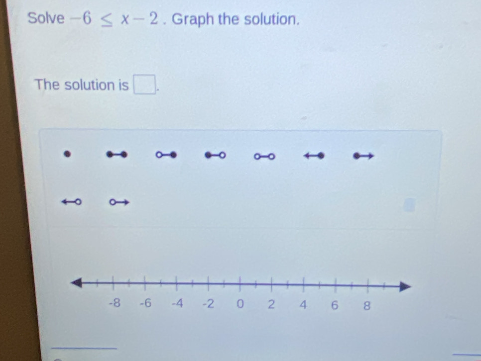 Solve -6≤ x-2. Graph the solution. 
The solution is □ . 
。