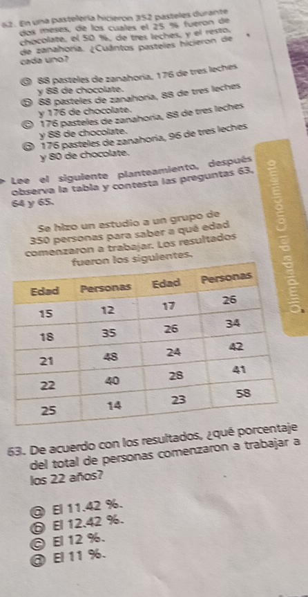 En una pastelería hicieron 352 pasteles durante
dos mesés, de los cuales el 25 % fueron de
chocolate, el 50 %, de tres leches, y el resto.
de zanahoría. ¿Cuántos pasteles hicieron de*
cada uno?
⑨ 88 pasteles de zanahoria, 176 de tres leches
y 88 de chocolate.
⑤ 88 pásteles de zanahoria, 88 de tres leches
y 176 de chocolate.
© 176 pasteles de zanahoria, 88 de tres leches
y 88 de chocolate.
⑥ 176 pasteles de zanahoria, 96 de tres leches
y 80 de chocolate.
Lee el sigulente planteamiento, después
observa la tabla y contesta las preguntas 63.
64 y 65.
comenzaron a trabajar. Los resultados 3
Se hizo un estudio a un grupo de
350 personas para saber a qué edad
sigulentes.
63. De acuerdo con los resultados, ¿qué porce
del total de personas comenzaron a trabajar a
los 22 años?
◎ El 11.42 %.
⑥ El 12.42 %.
© El 12 %.
③ El 11 %.