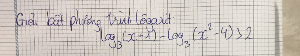 Ghe bat phucng thu eqazit
log _3(x+1)-log _3(x^2-4)>2