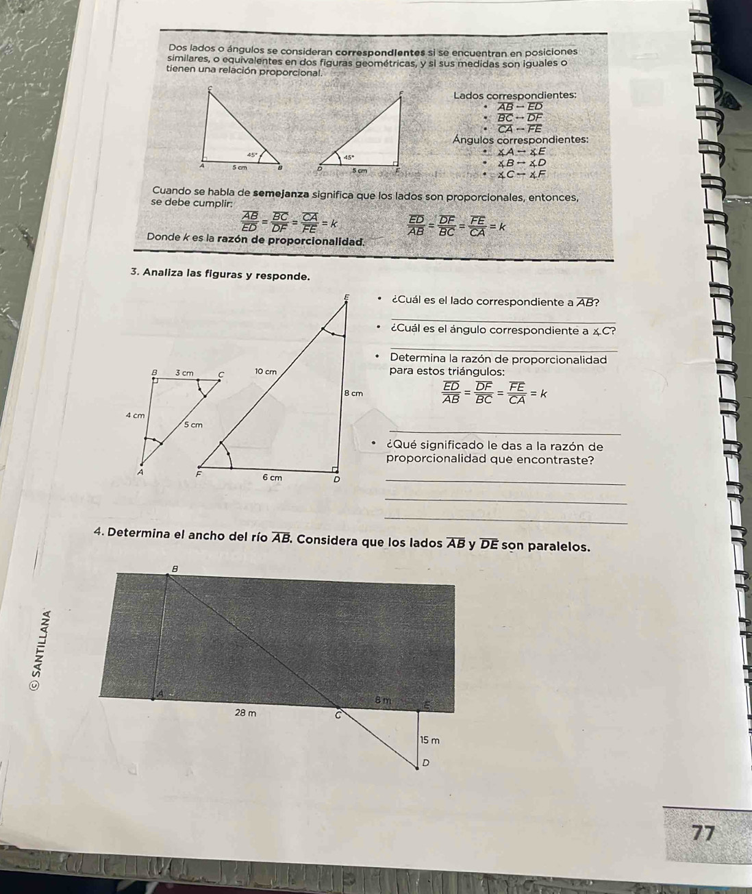 Dos lados o ángulos se consideran correspondIentes si se encuentran en posiciones
similares, o equivalentes en dos figuras geométricas, y si sus medidas son iguales o
tienen una relación proporcional.
Lados correspondientes:
overline AB-overline ED
overline BCrightarrow overline DF
overline CArightarrow overline FE
Ángulos correspondientes:
∠ Arightarrow ∠ E
∠ Bto ∠ D
∠ C-∠ F
Cuando se habla de semejanza significa que los lados son proporcionales, entonces,
se debe cumplir:
frac overline ABoverline ED=frac overline BCoverline DF=frac overline CAoverline FE=k frac overline EDoverline AB=frac overline DFoverline BC=frac overline FEoverline CA=k
Donde k es la razón de proporcionalidad.
3. Analiza las figuras y responde.
¿Cuál es el lado correspondiente a overline AB
_
¿Cuál es el ángulo correspondiente a ∠ C?
_
Determina la razón de proporcionalidad
para estos triángulos:
frac overline EDoverline AB=frac overline DFoverline BC=frac overline FEoverline CA=k
_
¿Qué significado le das a la razón de
proporcionalidad que encontraste?
D_
_
_
4. Determina el ancho del río overline AB Considera que los lados overline AB overline DE son paralelos.

77