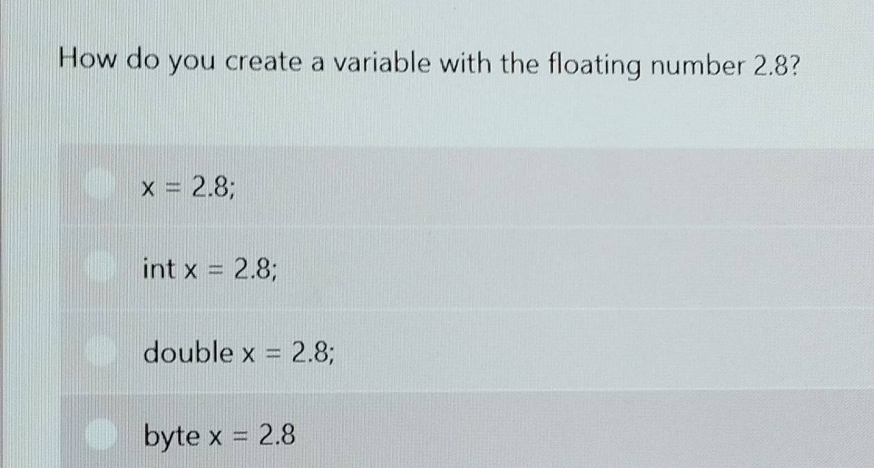 Giải quyết:How do you create a variable with the floating number 2.8? x ...