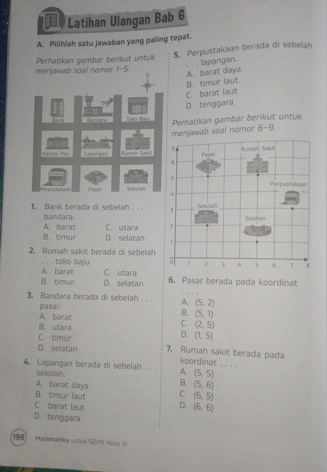 Latihan Ulangan Bab 6
A. Pilihlah satu jawaban yang paling tepat.
Perhatikan gambar berikut untuk 5. Perpustakaan berada di sebelah
. . . lapangan.
menjawab soal nomor 1-5.
u
A. barat daya
B. timur laut
C. barat laut
D. tenggara
carte
Bank Bandara Toko Baju
Perhatikan gambar berikut untuk
menjawab soal nomor 6-9.
Kantor Pos Lapangan Rumah Sakit 
Perpustakaan Pasar Sekoiah
1. Bank berada di sebelah . . . 
bandara.
A. barat C. utara
B. timur D. selatan 
2. Rumah sakit berada di sebelah
. . . toko baju.
A. barat C. utara
B. timur D. selatan 6. Pasar berada pada koordinat
3. Bandara berada di sebelah . . . A. (5,2)
pasar.
A. barat
B. (5,1)
B. utara
C. (2,5)
C. timur
D. (1,5)
D. selatan
7. Rumah sakit berada pada
koordinat . . . .
4. Lapangan berada di sebelah . . . A. (5,5)
sekolah.
B.
A. barat daya (5,6)
B. timur laut
C. (6,5)
C. barat laut
D. (6,6)
D. tenggara
198) Matematika untuk SD/MI Kelas VI