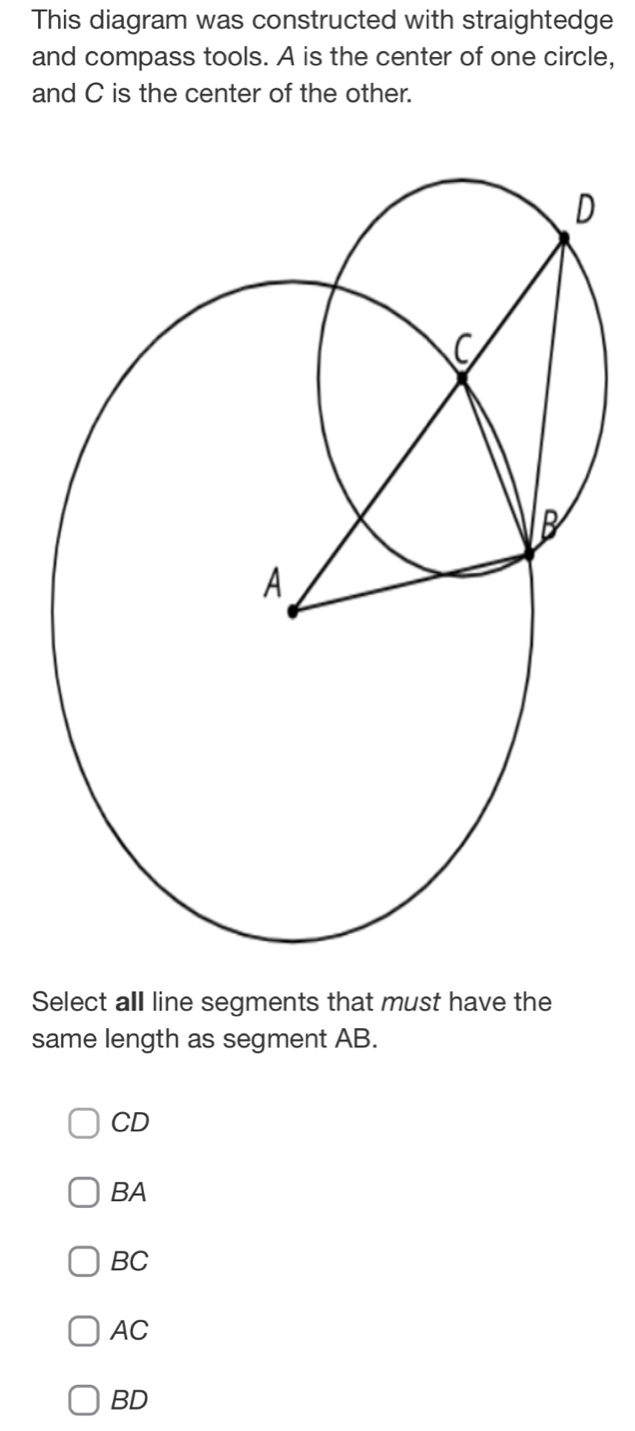 This diagram was constructed with straightedge
and compass tools. A is the center of one circle,
and C is the center of the other.
Select all line segments that must have the
same length as segment AB.
CD
BA
BC
AC
BD