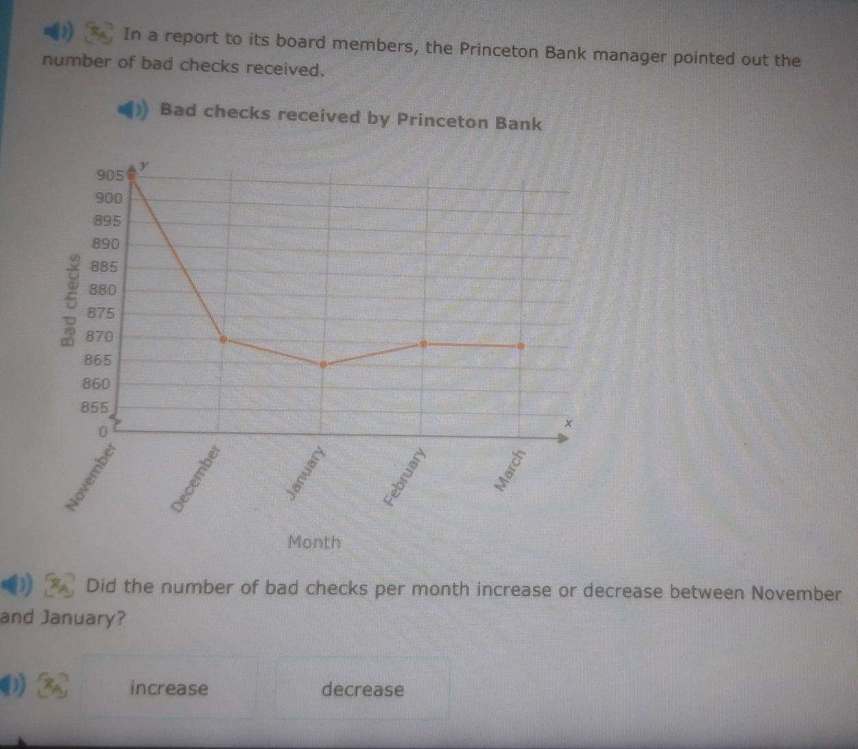 In a report to its board members, the Princeton Bank manager pointed out the
number of bad checks received.
Bad checks received by Princeton Bank
Month
Did the number of bad checks per month increase or decrease between November
and January?
increase decrease