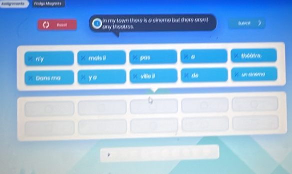 Aesigaants Fásgs Mágnets 
In my town there is a cinema but there aren't 
Bosot any theatres.
x n y mais II pas z 0 théâtre, 
Dans ma yo ville il Z do un sinéma