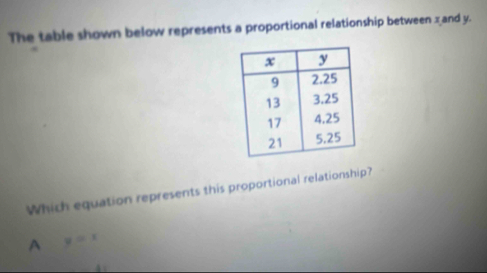 The table shown below represents a proportional relationship between z and y.
Which equation represents this proportional relationship?
A y=x