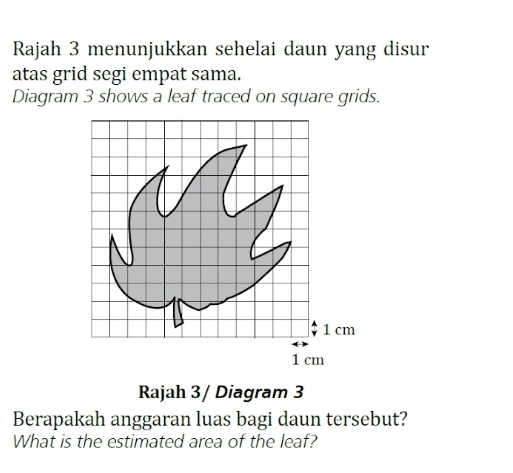 Rajah 3 menunjukkan sehelai daun yang disur 
atas grid segi empat sama. 
Diagram 3 shows a leaf traced on square grids. 
Rajah 3/ Diagram 3 
Berapakah anggaran luas bagi daun tersebut? 
What is the estimated area of the leaf?