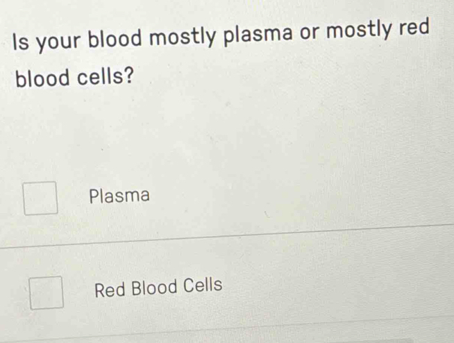 Is your blood mostly plasma or mostly red
blood cells?
Plasma
Red Blood Cells