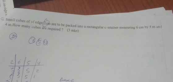Small cubes of of edge 2cm are to be packed into a rectangular container measuring 6 cm by 5 m and
4 m.How many cubes are required ? (3 mks)