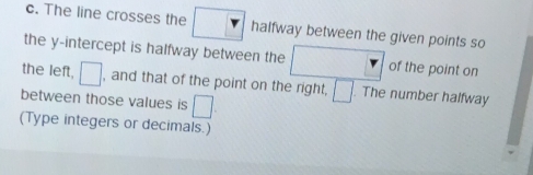 The line crosses the halfway between the given points so 
the y-intercept is halfway between the of the point on 
the left, □ , and that of the point on the right, □. The number halfway 
between those values is □. 
(Type integers or decimals.)