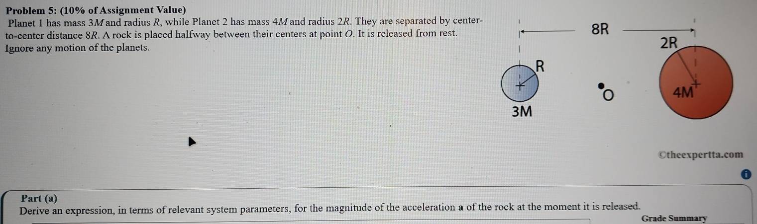 Problem 5: (10% of Assignment Value) 
Planet 1 has mass 3Mand radius R, while Planet 2 has mass 4Mand radius 2R. They are separated by center- 
to-center distance 8R. A rock is placed halfway between their centers at point O. It is released from rest.
8R
Ignore any motion of the planets.
2R
R
4M
3M
©theexpertta.com 
Part (a) 
Derive an expression, in terms of relevant system parameters, for the magnitude of the acceleration a of the rock at the moment it is released. 
Grade Summary