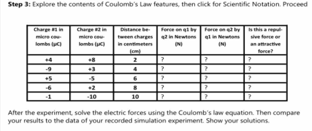 Explore the contents of Coulomb’s Law features, then click for Scientific Notation. Proceed 
After the experiment, solve the electric forces using the Coulomb’s law equation. Then compare 
your results to the data of your recorded simulation experiment. Show your solutions.