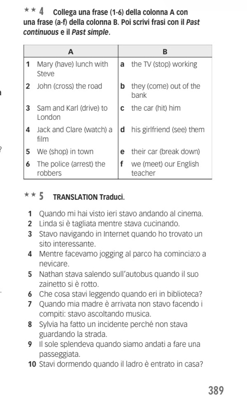 Collega una frase (1-6) della colonna A con 
una frase (a-f) della colonna B. Poi scrivi frasi con il Past 
continuous e il Past simple. 
* * 5 TRANSLATION Traduci. 
1 Quando mi hai visto ieri stavo andando al cinema. 
2 Linda si è tagliata mentre stava cucinando. 
3 Stavo navigando in Internet quando ho trovato un 
sito interessante. 
4 Mentre facevamo jogging al parco ha cominciato a 
nevicare. 
5 Nathan stava salendo sull’autobus quando il suo 
zainetto si è rotto. 
6 Che cosa stavi leggendo quando eri in biblioteca? 
7 Quando mia madre è arrivata non stavo facendo i 
compiti: stavo ascoltando musica. 
8 Sylvia ha fatto un incidente perché non stava 
guardando la strada. 
9 Il sole splendeva quando siamo andati a fare una 
passeggiata. 
10 Stavi dormendo quando il ladro è entrato in casa? 
389