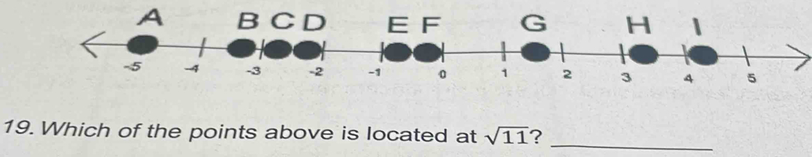 A C D E F G H 1
-3 -2 -1 。 1 2 3 4 5
19. Which of the points above is located at sqrt(11) ?_